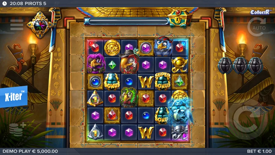 Pirots 5 Cursed Temple grid with four birds and a 10x coin
