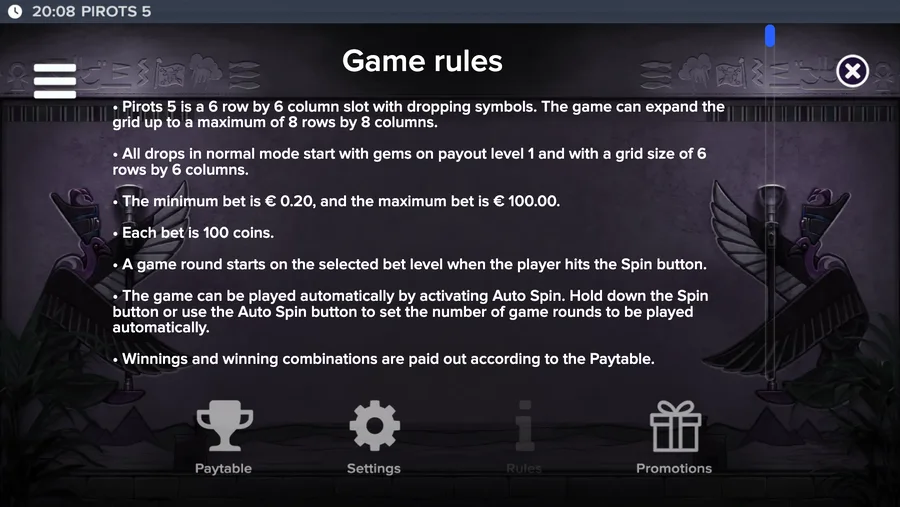 Demo rules screen listing the 0.20 to 100.00 bet range