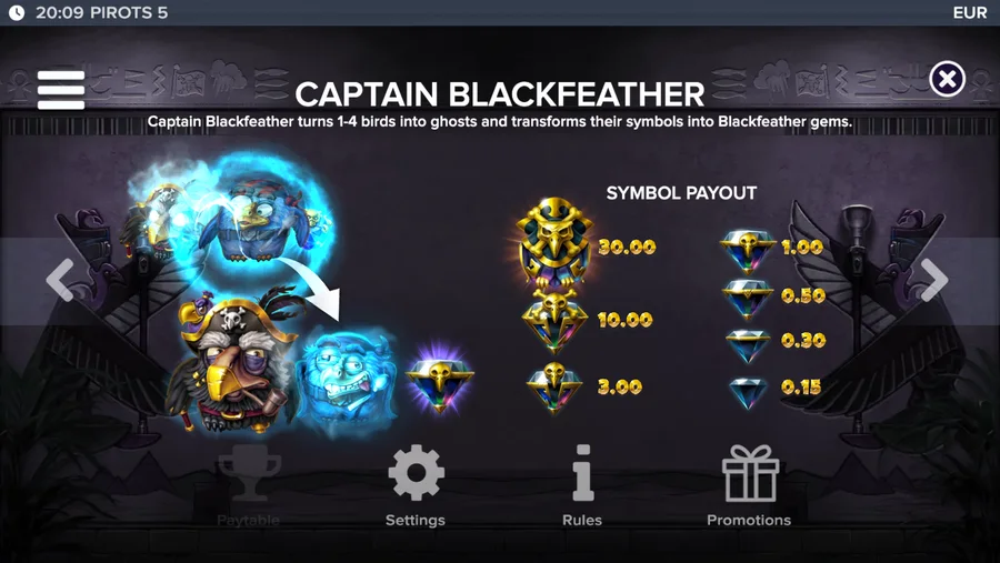 Paytable showing seven payout levels for one gem