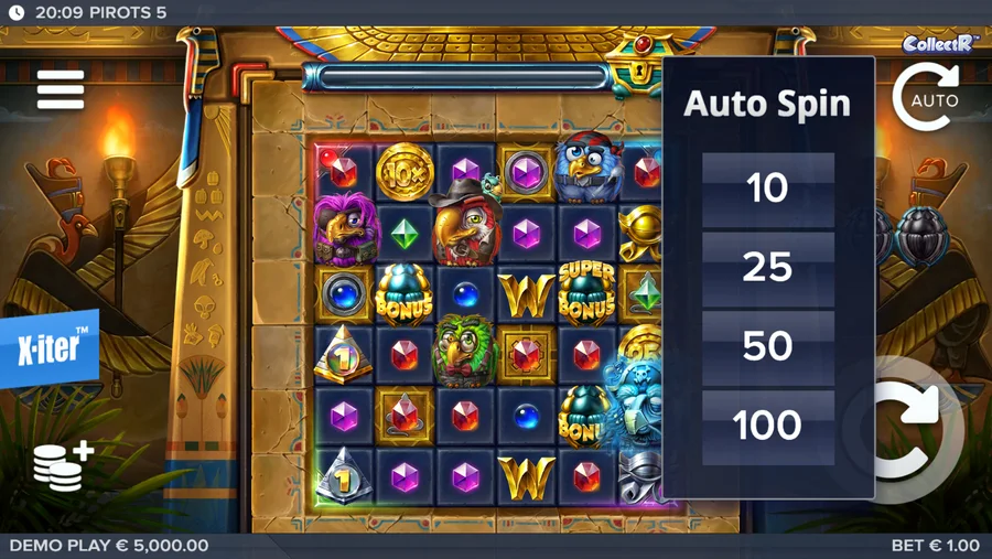 Auto Spin menu offering 10, 25, 50 and 100 rounds